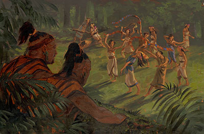 Amulon, leader of King Noah's priests, looks on the daughters of the Lamanites. painting by James Fullmer.