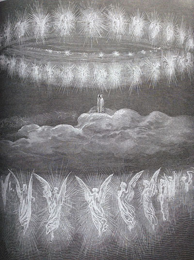 Angels in the heavenly court singing praises to God. Illustration by Gustave Dore.