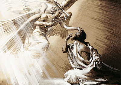 The seraph purifies Isaiah with hot coal from the altar.