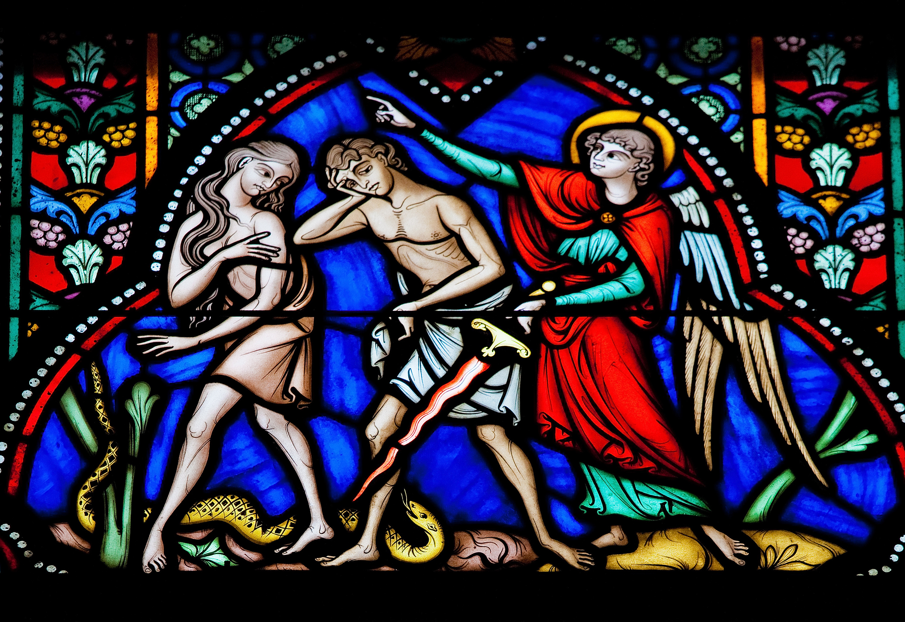 "The Sinners are Expelled from Paradise" stained glass panel from Auxerre Cathedral